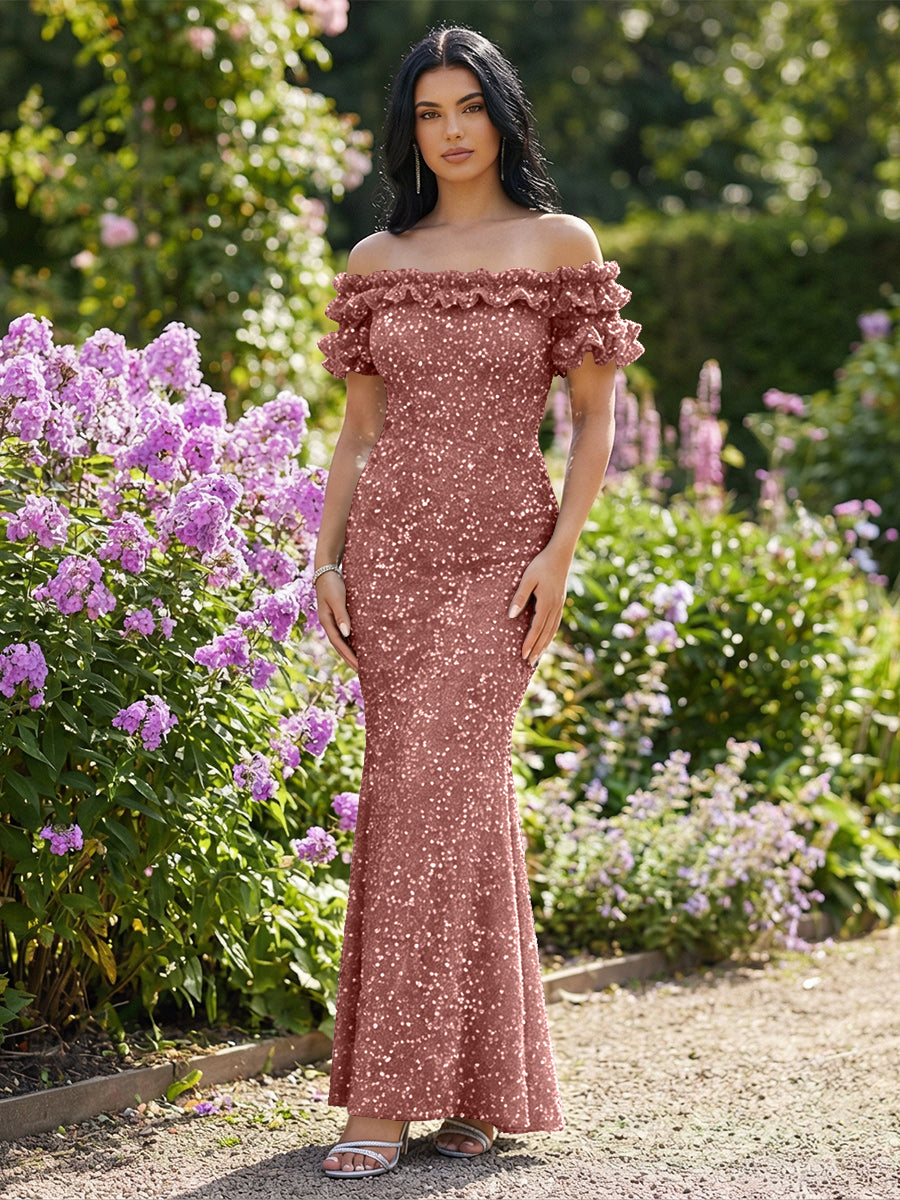 Mermaid/Trumpet Sparkly Sequin Off-the-Shoulder Ruffled Sleeves Long Evening Dresses