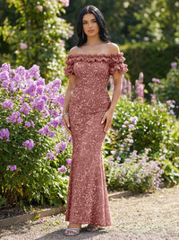 Mermaid/Trumpet Sparkly Sequin Off-the-Shoulder Ruffled Sleeves Long Evening Dresses
