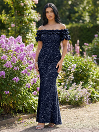 Mermaid/Trumpet Sparkly Sequin Off-the-Shoulder Ruffled Sleeves Long Evening Dresses
