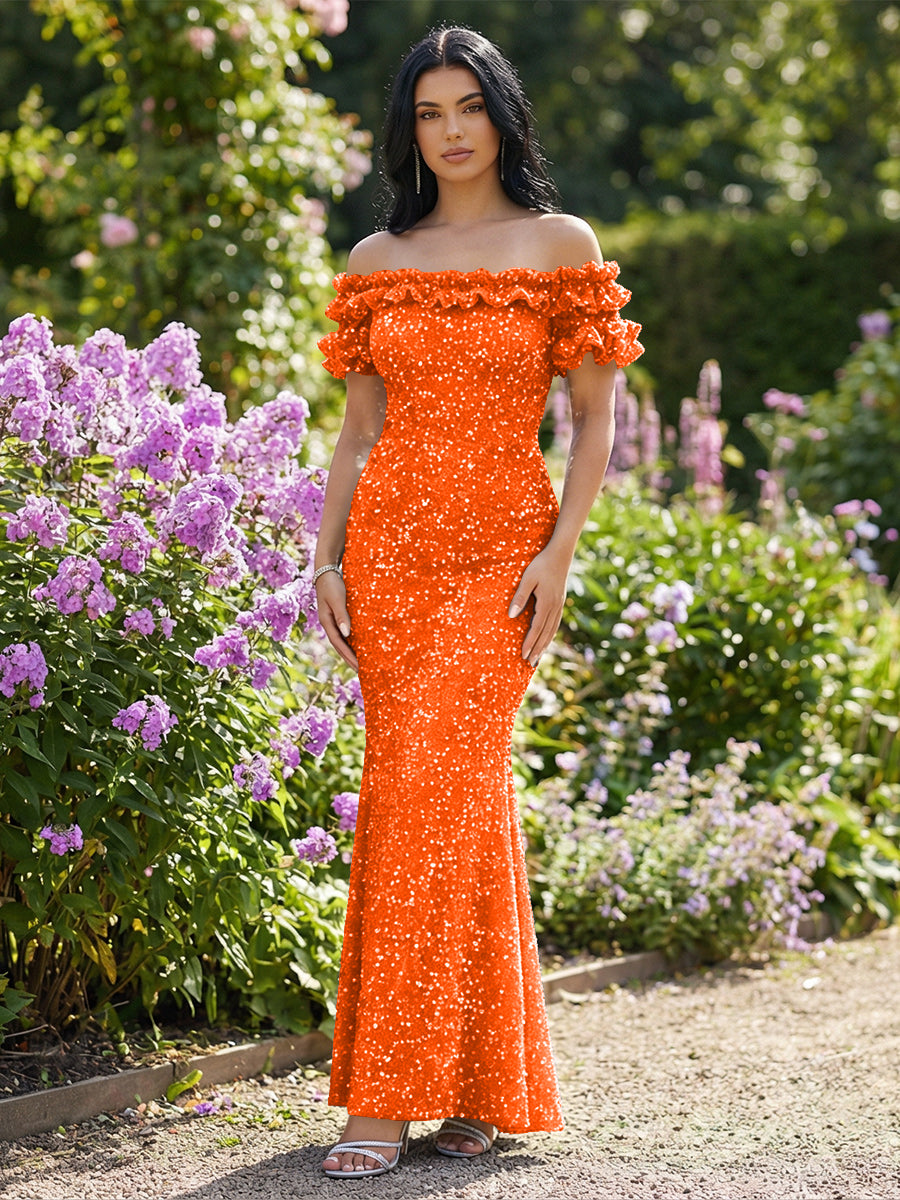 Mermaid/Trumpet Sparkly Sequin Off-the-Shoulder Ruffled Sleeves Long Evening Dresses