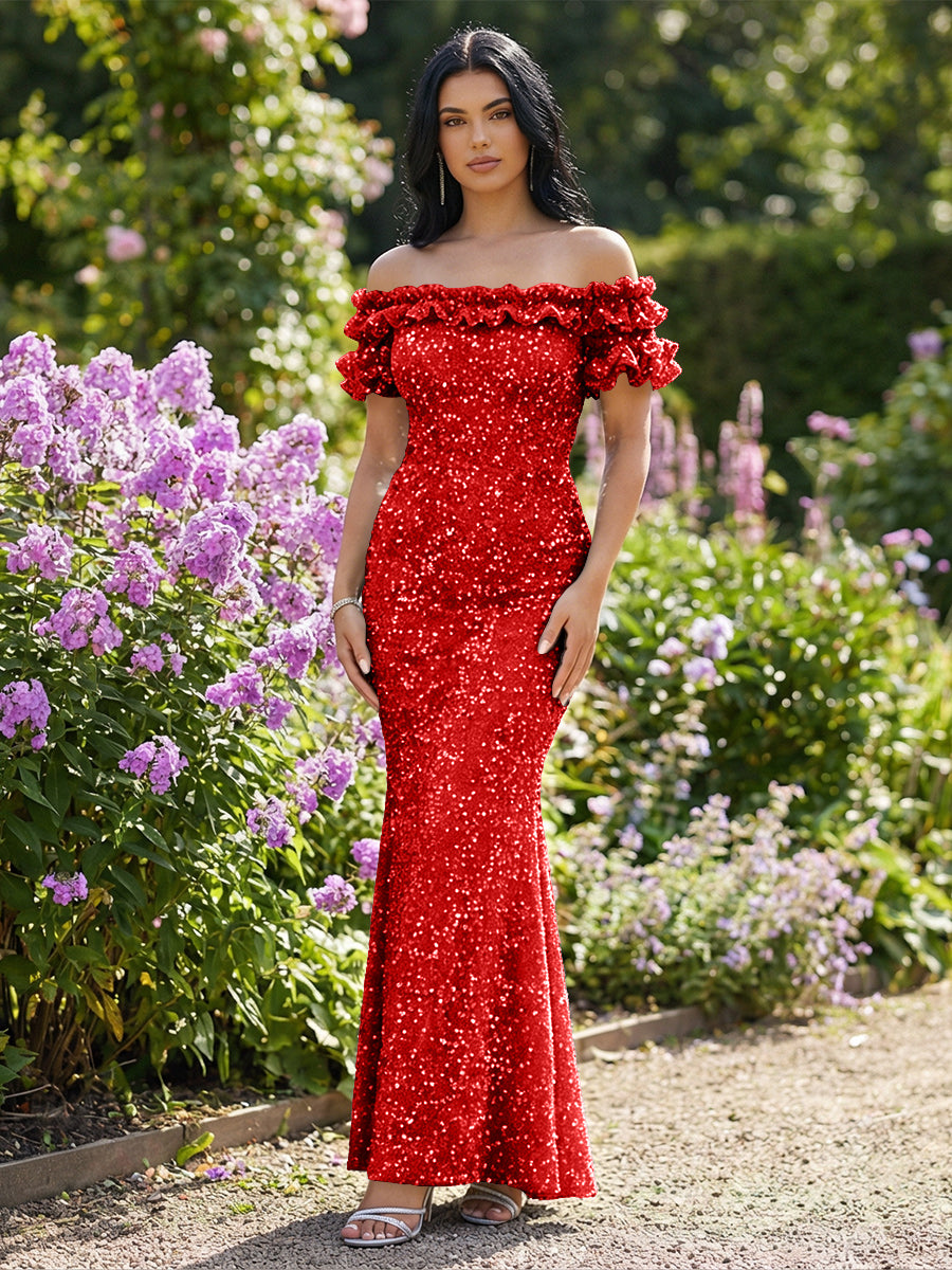 Mermaid/Trumpet Sparkly Sequin Off-the-Shoulder Ruffled Sleeves Long Evening Dresses
