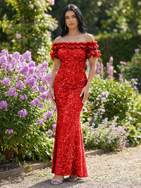 Mermaid/Trumpet Sparkly Sequin Off-the-Shoulder Ruffled Sleeves Long Evening Dresses