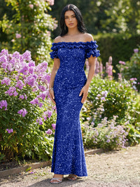 Mermaid/Trumpet Sparkly Sequin Off-the-Shoulder Ruffled Sleeves Long Evening Dresses