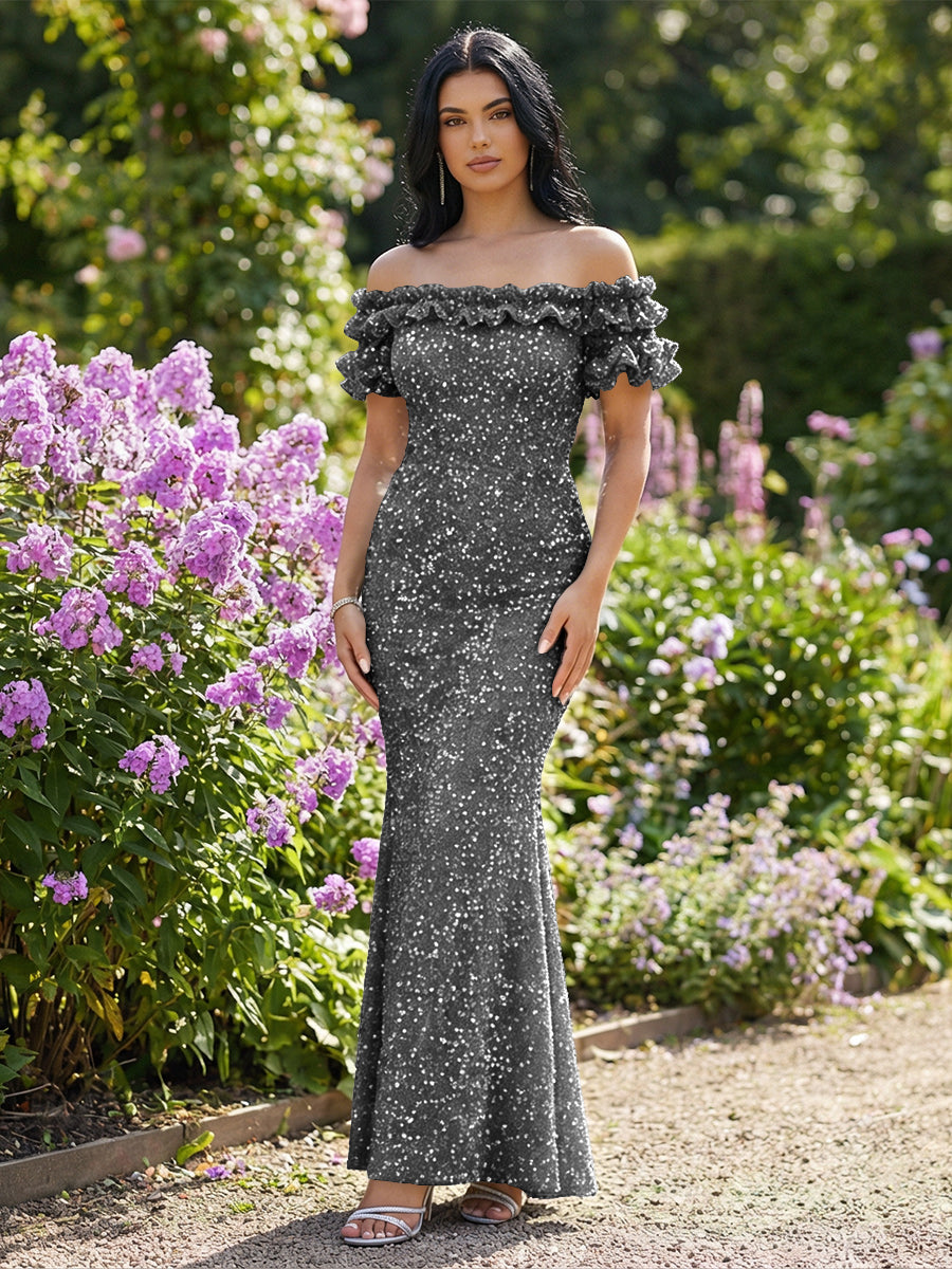 Mermaid/Trumpet Sparkly Sequin Off-the-Shoulder Ruffled Sleeves Long Evening Dresses