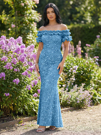 Mermaid/Trumpet Sparkly Sequin Off-the-Shoulder Ruffled Sleeves Long Evening Dresses