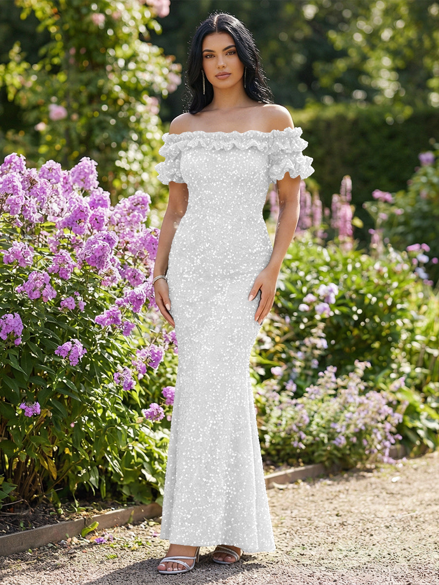 Mermaid/Trumpet Sparkly Sequin Off-the-Shoulder Ruffled Sleeves Long Evening Dresses