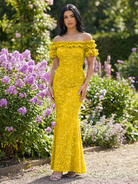Mermaid/Trumpet Sparkly Sequin Off-the-Shoulder Ruffled Sleeves Long Evening Dresses
