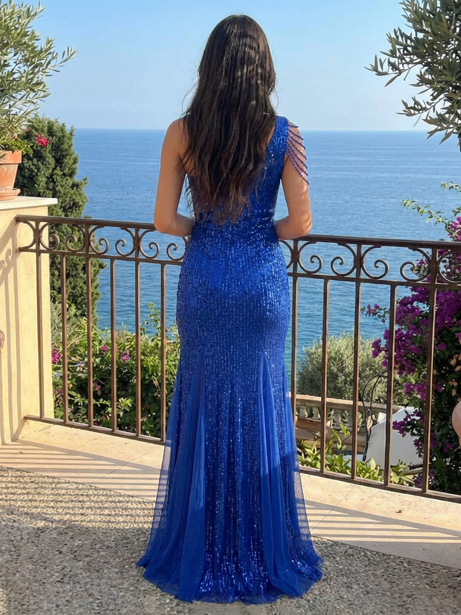 Sheath/Column Sparkly Sequin One Shoulder Cut-Out Prom Dresses Maxi Party Gowns with Beaded Chain Strap