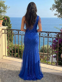 Sheath/Column Sparkly Sequin One Shoulder Cut-Out Prom Dresses Maxi Party Gowns with Beaded Chain Strap