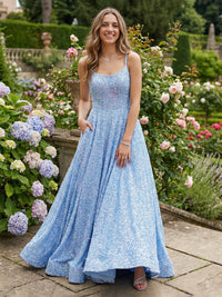 A-Line/Princess Sparkly Sequin Spaghetti Straps Prom Dresses Maxi Ball Gowns with Pockets