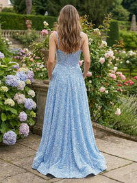 A-Line/Princess Sparkly Sequin Spaghetti Straps Prom Dresses Maxi Ball Gowns with Pockets
