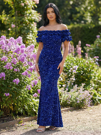 Mermaid/Trumpet Sparkly Sequin Off-the-Shoulder Ruffled Sleeves Long Evening Dresses