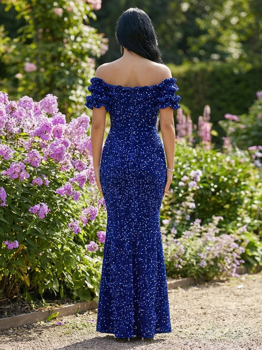 Mermaid/Trumpet Sparkly Sequin Off-the-Shoulder Ruffled Sleeves Long Evening Dresses