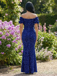 Mermaid/Trumpet Sparkly Sequin Off-the-Shoulder Ruffled Sleeves Long Evening Dresses