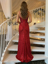 Sheath/Column Sparkly Sequin Spaghetti Straps Ruched Waist Corset Prom Dresses with Slit & Sweep Train