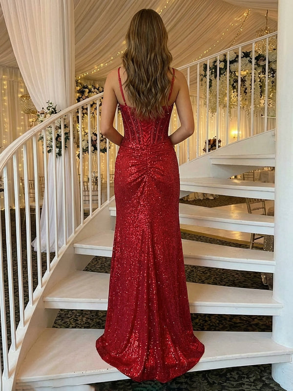 Sheath/Column Sparkly Sequin Spaghetti Straps Ruched Waist Corset Prom Dresses with Slit & Sweep Train