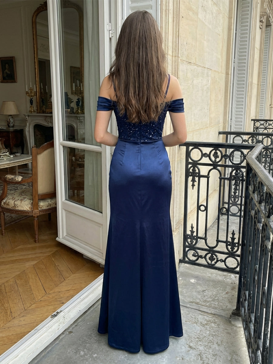 Sheath/Column Satin Off Shoulder Spaghetti Straps Prom Dresses Ruched Corset Maxi Party Gown with Slit