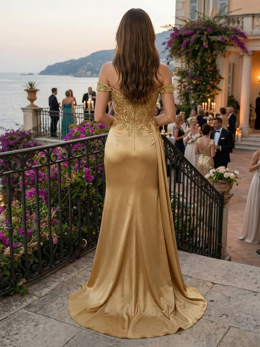 Sheath/Column Satin Off Shoulder Long Prom Dresses with Lace Appliques, High Slit & Sweep Train