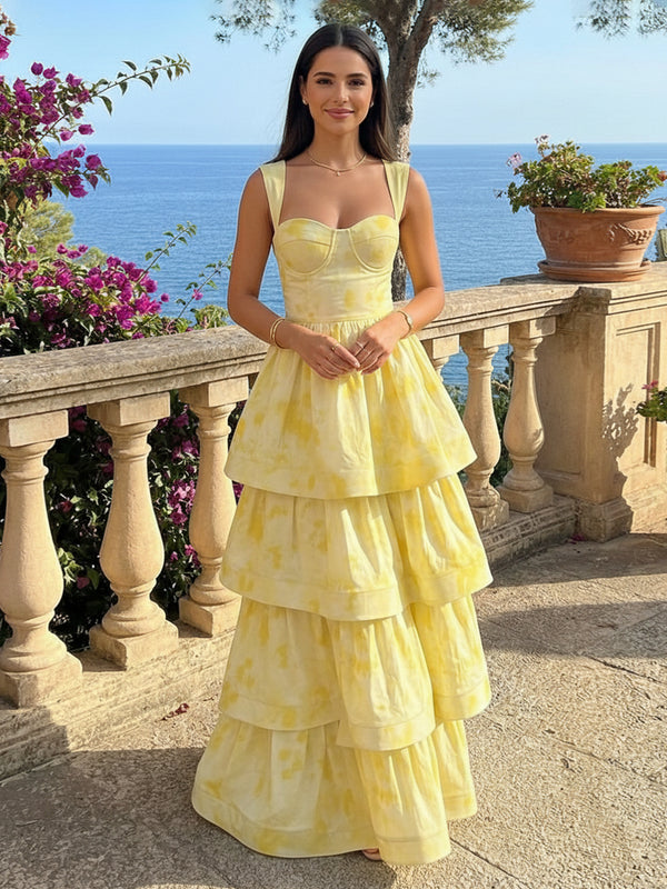 A-Line Cotton Blend Tiered Ruffles Long Prom Dresses Corset Party Gowns with Tie-Dye Pattern