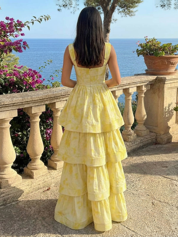 A-Line Cotton Blend Tiered Ruffles Long Prom Dresses Corset Party Gowns with Tie-Dye Pattern