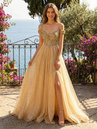 A-Line/Princess Glitter Tulle Off Shoulder Spaghetti Straps Sequin Corset Bodice Prom Dresses Maxi Ball Gown with Slit