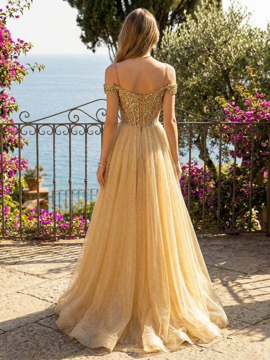 off the shoulder dress with spaghetti straps 2026 Prom Dresses A-Line/Princess Glitter Tulle Off-the-Shoulder Sequin Corset Bodice Maxi Ball Gown Slit Color:grape SAISON:DLC Gold Prom Mermaid Gown and a side slit
