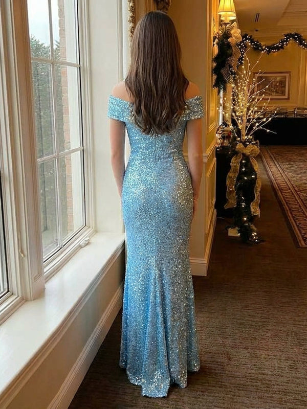 Sheath/Column Sparkly Sequin Off Shoulder Sweetheart Maxi Prom Dresses