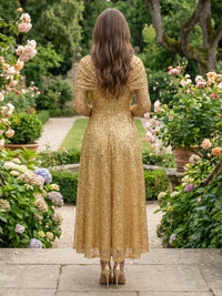 A-Line Glitter Sequin Tulle Off Shoulder Long Sleeves Prom Dresses Tea-Length Evening Party Gowns