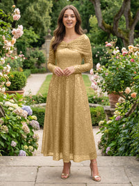 A-Line Glitter Sequin Tulle Off Shoulder Long Sleeves Prom Dresses Tea-Length Evening Party Gowns