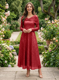 A-Line Glitter Sequin Tulle Off Shoulder Long Sleeves Prom Dresses Tea-Length Evening Party Gowns