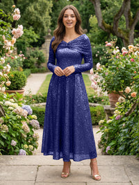 A-Line Glitter Sequin Tulle Off Shoulder Long Sleeves Prom Dresses Tea-Length Evening Party Gowns