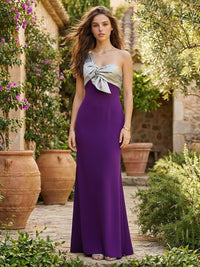 Sheath/Column Satin One Shoulder Ruched Bow Bodice Maxi Formal Dresses