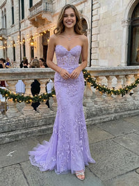 Mermaid/Trumpet Strapless Tulle Long Prom Dresses with 3D Floral Lace Appliques, Corset Bodice & Sweep Train