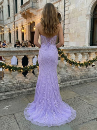 Mermaid/Trumpet Strapless Tulle Long Prom Dresses with 3D Floral Lace Appliques, Corset Bodice & Sweep Train