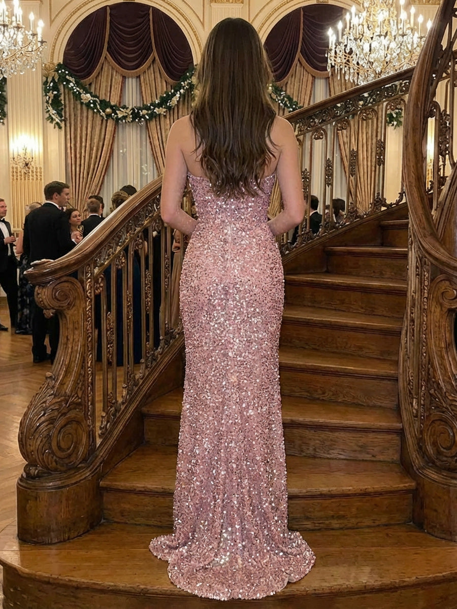 Sheath/Column Sparkly Sequin Strapless Ruched Corset Prom Dresses Maxi Party Gown with Slit & Sweep Train