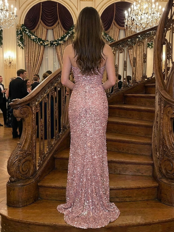 Sheath/Column Sparkly Sequin Strapless Ruched Corset Prom Dresses Maxi Party Gown with Slit & Sweep Train