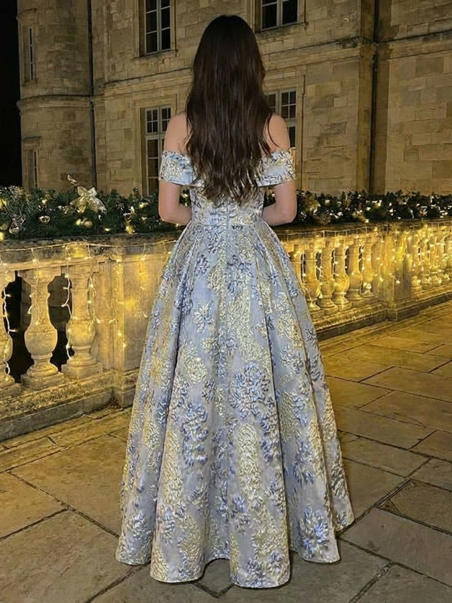 Light Blue Formal Evening Dresses 2026 for Elegant Women A‐Line Off‐the‐Shoulder Sleeveless Floor‐Length Ruched Floral Jacquard Wedding Guest Gown
