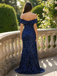 Sheath/Column Sparkly Sequin Off Shoulder Ruched Waist Evening Dresses Maxi Party Gown