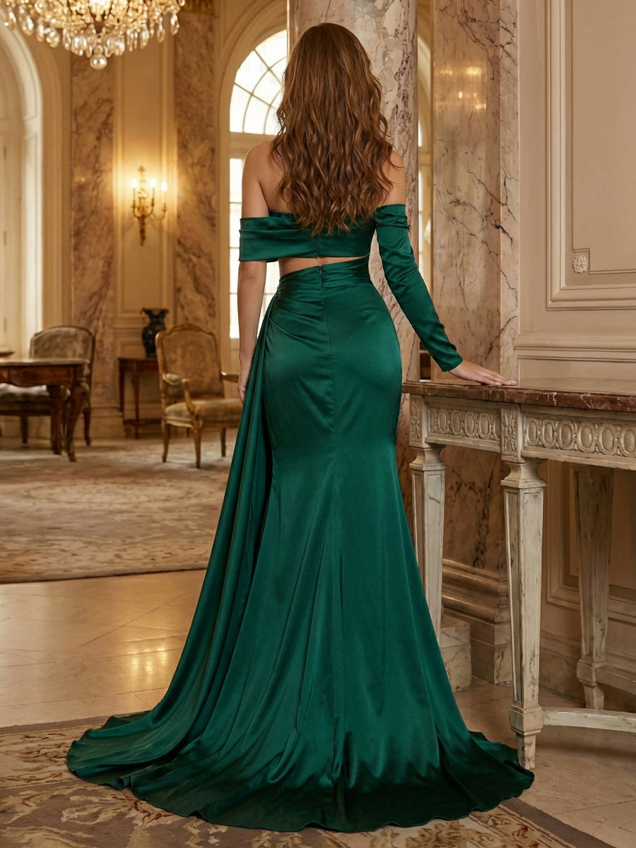 Sheath Off-the-Shoulder Single Long Sleeve Evening Dresses Ruched Maxi Formal Gowns with High Slit & Sweep Train