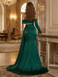 Sheath Off-the-Shoulder Single Long Sleeve Evening Dresses Ruched Maxi Formal Gowns with High Slit & Sweep Train