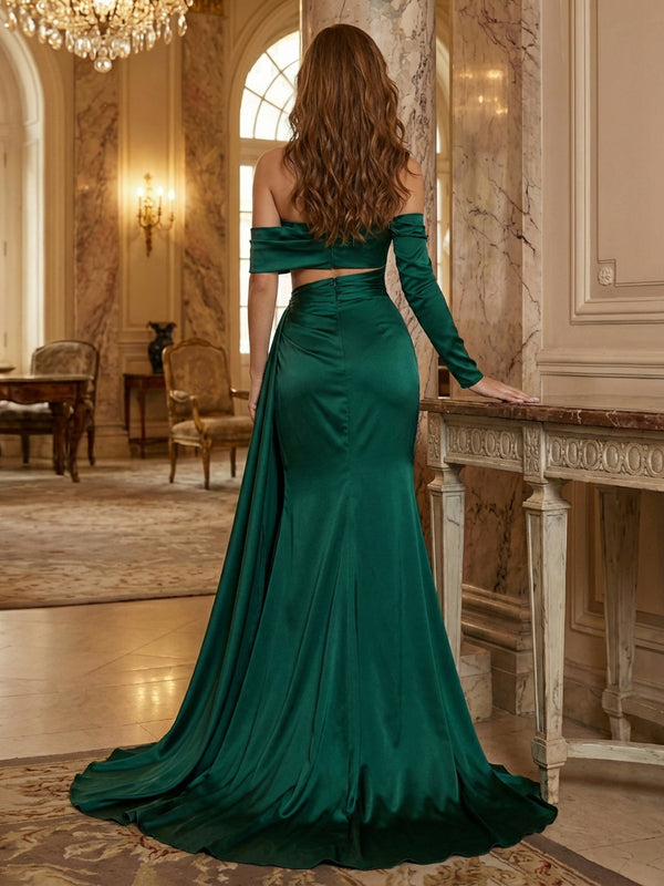 Sheath Off-the-Shoulder Single Long Sleeve Evening Dresses Ruched Maxi Formal Gowns with High Slit & Sweep Train