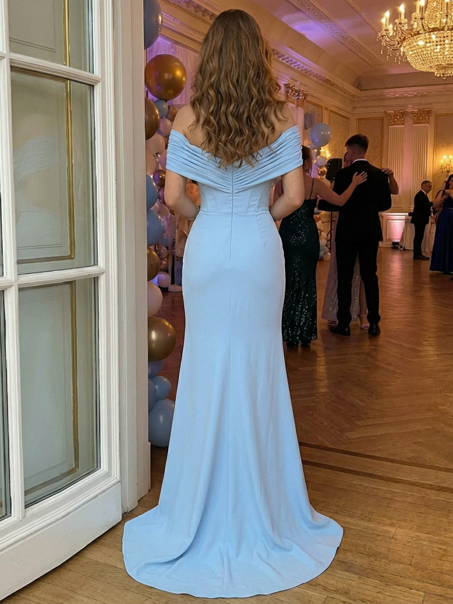 Sheath/Column Ruched Off-the-Shoulder Corset Prom Dresses Maxi Evening Gowns with High Slit & Sweep Train