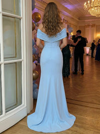 Sheath/Column Ruched Off-the-Shoulder Corset Prom Dresses Maxi Evening Gowns with High Slit & Sweep Train
