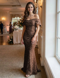 Mermaid/Trumpet Sequin Ruched Off Shoulder Corset Prom Dresses Maxi Gowns