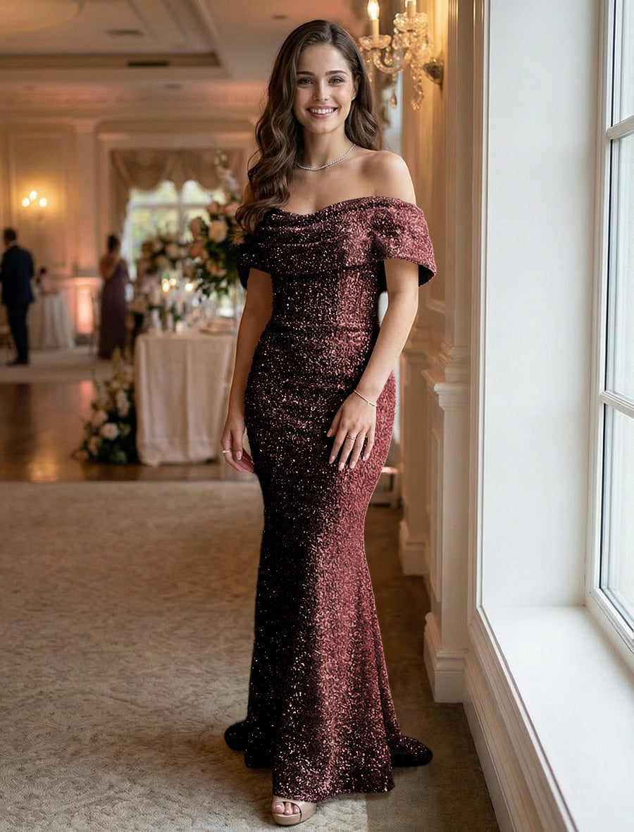 Mermaid/Trumpet Sequin Ruched Off Shoulder Corset Prom Dresses Maxi Gowns