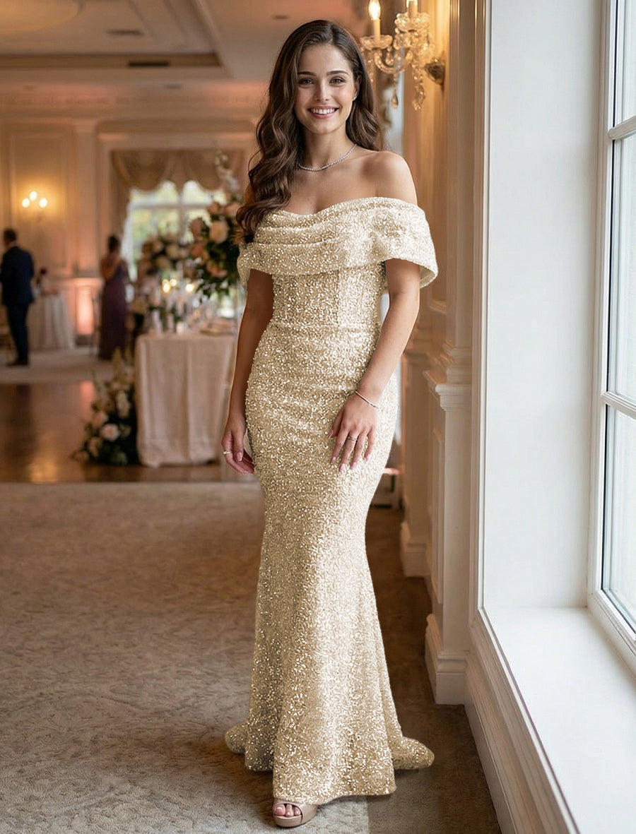 Mermaid/Trumpet Sequin Ruched Off Shoulder Corset Prom Dresses Maxi Gowns