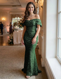 Mermaid/Trumpet Sequin Ruched Off Shoulder Corset Prom Dresses Maxi Gowns
