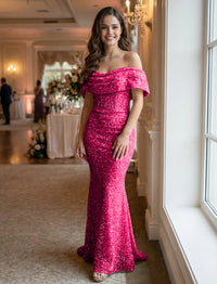 Mermaid/Trumpet Sequin Ruched Off Shoulder Corset Prom Dresses Maxi Gowns