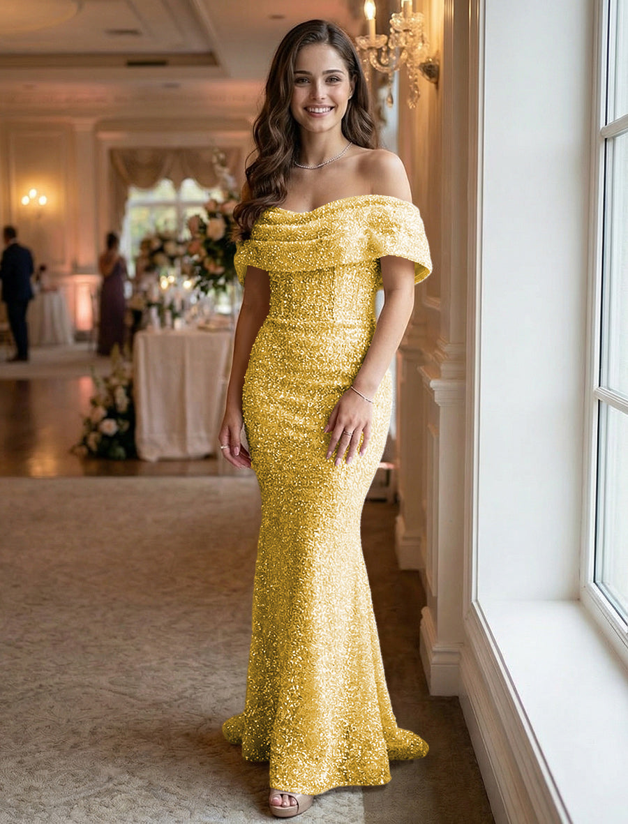 Mermaid/Trumpet Sequin Ruched Off Shoulder Corset Prom Dresses Maxi Gowns