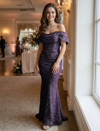 Mermaid/Trumpet Sequin Ruched Off Shoulder Corset Prom Dresses Maxi Gowns